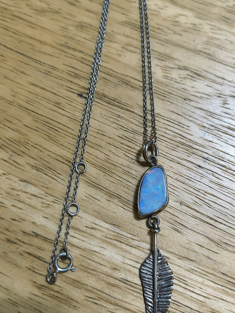 Vintage Sterling Silver& Natural Opal Feather Pendant Navajo Necklace Signed